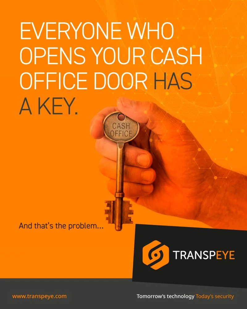 Transpeye LinkedIn graphic about cash office access showing a key marked Cash Office