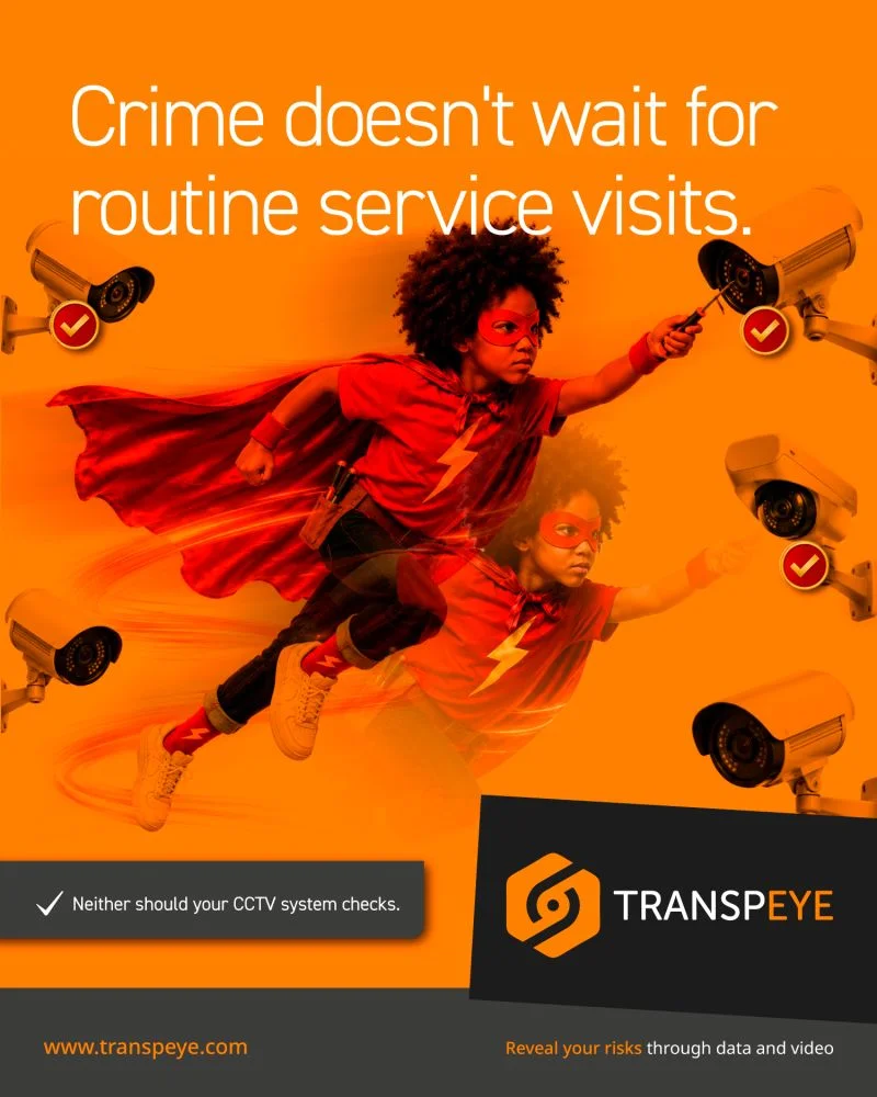Transpeye LinkedIn graphic promoting automated CCTV maintenance with a superhero checking cameras