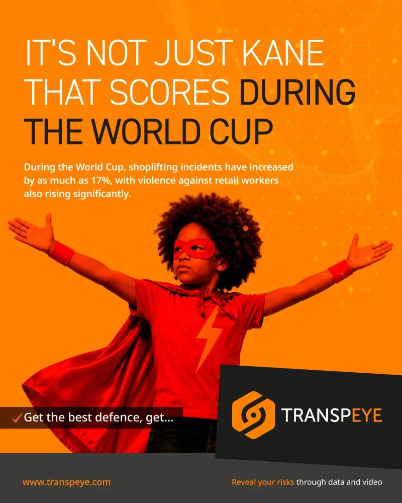 Transpeye LinkedIn graphic about World Cup retail crime featuring a superhero security officer